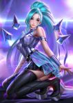  1girl aqua_hair armlet blue_eyes boots bracer breasts highres k/da_(league_of_legends) kneeling league_of_legends liang_xing lips long_hair looking_at_viewer medium_breasts ponytail profile seraphine_(league_of_legends) signature sleeveless smile solo thigh_boots thighhighs watermark web_address 