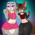  1:1 accessory anthro bisamon bottomwear clothing denim denim_clothing disney duo ears_back female female/female friends hair_accessory hair_bow hair_ribbon hi_res jeans judy_hopps lagomorph leporid mammal pants pivoted_ears rabbit ribbons rodent sciurid shorts signature thick_thighs tongue top video_games visual_novel vivien_martin zootopia 