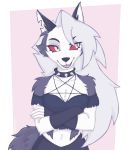  anthro black_body black_fur black_nose canid canid_demon canine clothing collar demon fangs female fur grey_body grey_fur hair hellhound helluva_boss hi_res long_hair loona_(vivzmind) lotfekou mammal navel red_sclera shirt smile solo spiked_fur topwear white_body white_fur white_hair 