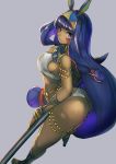  1girl absurdres animal_ears ass breasts closed_mouth dark_skin dark_skinned_female earrings facial_mark fate/grand_order fate_(series) highres hoop_earrings hotate-chan jewelry long_hair looking_at_viewer nitocris_(fate/grand_order) purple_eyes purple_hair simple_background smile solo very_long_hair 