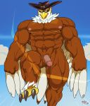  abs accipitrid accipitriform anthro avian biceps bird brown_body claws clothing cowboy_hat eagle feathers genitals hat headgear headwear hi_res male muscular muscular_anthro muscular_male nipples pecs penis solo superhero thunderbird_(tas) thymilph tokyo_afterschool_summoners video_games wings 