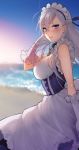  1girl apron azur_lane bangs bare_shoulders beach belfast_(azur_lane) blue_eyes blurry blurry_background blush braid breasts broken broken_chain chain cleavage collar eyebrows_visible_through_hair french_braid frilled_apron frilled_gloves frills gloves highres large_breasts long_hair maid maid_apron maid_headdress ocean open_mouth outdoors shore shoukaki_(earthean) silver_hair skirt sky sunset water waves white_apron white_gloves white_skirt 