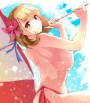  1girl azur_lane blonde_hair braid breasts commentary commentary_request dermar flower hair_flower hair_ornament highres large_breasts looking_at_viewer looking_back parasol prince_of_wales_(azur_lane) prince_of_wales_(windsor_sun)_(azur_lane) red_hair smile solo swimsuit topless umbrella 