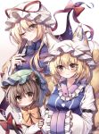  3girls ;) absurdres animal_ears blonde_hair blush bow breasts brown_eyes brown_hair cat_ears chen collar commentary_request dress eyebrows_visible_through_hair eyes fan fang folding_fan fox_ears frilled_collar frilled_sleeves frills gap_(touhou) green_headwear hair_between_eyes hat hat_ribbon highres jewelry looking_at_viewer medium_breasts medium_hair mob_cap multiple_girls multiple_tails nail_polish one_eye_closed pillow_hat pudding_(skymint_028) red_bow red_nails red_ribbon red_vest ribbon shirt simple_background single_earring smile tabard tail touhou vest white_background white_dress white_headwear white_shirt yakumo_ran yakumo_yukari yellow_bow yellow_eyes yellow_neckwear 