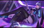  1girl absurdres bra dark demon_girl garter_straps high_heels highres jacket league_of_legends lipstick looking_at_viewer makeup open_clothes open_jacket purple_hair r.keensies revealing_clothes sitting skirt smile solo succubus thighhighs underwear yellow_eyes 