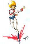  1980s_(style) 1984_(year) 1girl angry artist_name atac belt blonde_hair boots choujikuu_kidan_southern_cross dated form_fitting headgear jeanne_francaix kitazume_hiroyuki looking_at_viewer marker_(medium) military military_uniform official_art production_art punching punching_at_viewer radio_antenna retro_artstyle running_towards_viewer scan science_fiction shouting signature traditional_media uniform 