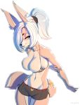  anthro big_breasts blue_eyes bottomwear breasts canid canine clothing female fox hair hair_over_eye hotpants mammal marie_(oughta) one_eye_obstructed oughta ponytail pose shorts simple_background solo tight_clothing white_background 