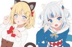  2girls :d animal_ears bell black_hairband blonde_hair blue_eyes blue_hair blue_hoodie blue_nails bow breasts brown_skirt cat_ears cat_tail claw_pose collared_shirt commentary dress_shirt english_commentary fake_animal_ears gawr_gura grey_hair grey_hairband hair_ornament hairband hand_up high-waist_skirt highres hitsukuya hololive hololive_english hood hood_down hoodie jingle_bell long_sleeves looking_at_viewer medium_breasts multicolored_hair multiple_girls nail_polish open_mouth red_bow sharp_teeth shirt simple_background skirt smile streaked_hair tail tail_raised teeth two_side_up upper_body virtual_youtuber watson_amelia white_background white_shirt wide_sleeves work_in_progress 