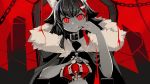  1girl animal_ear_fluff animal_ears bangs barbed_wire bared_teeth black_cloak black_hair chain cloak collar commentary crown elbow_rest english_commentary fang fur_collar hand_up hololive king_(vocaloid) limited_palette long_hair looking_at_viewer ookami_mio red_eyes red_hair slit_pupils solo teeth throne virtual_youtuber wolf_ears yasume_yukito 