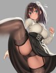  1girl black_skirt blue_eyes blush breasts brown_hair brown_legwear brown_panties clenched_hands closed_mouth collared_shirt flower garter_straps grey_background hair_flower hair_ornament hairband hand_up high-waist_skirt highres kicking kureha_(ironika) large_breasts lifted_by_self long_hair long_skirt long_sleeves looking_at_viewer original panties rose shirt simple_background skirt skirt_lift solo standing standing_on_one_leg striped striped_legwear thighhighs tsubasa_(kureha) underwear white_flower white_rose white_shirt wing_collar 