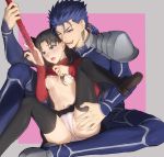  1boy ass black_legwear black_skirt blue_hair blush breasts brown_footwear cameltoe commentary_request cu_chulainn_(fate)_(all) earrings fate/stay_night fate_(series) frills grin hand_on_another&#039;s_ass hand_up holding holding_weapon jewelry lancer long_hair long_sleeves medium_breasts mondi_hl open_mouth panties polearm ponytail red_eyes red_shirt shirt shoes sitting skirt smile spear spread_legs tohsaka_rin tongue tongue_out underwear weapon white_panties 