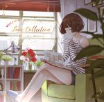  1girl armchair bare_legs bare_shoulders blue_shorts book brown_hair chair closed_eyes closed_mouth crossed_legs cup desk_lamp flower highres holding holding_cup lamp long_sleeves open_book original pink_flower pink_rose red_flower red_rose rose shirt short_hair short_shorts shorts sitting slippers solo striped striped_shirt yasukura_(shibu11) 