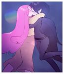  2girls adventure_time black_hair blush closed_eyes demon_girl floating grey_skin kiss long_hair looking_at_another marceline_abadeer multiple_girls pink_hair pink_skin pointy_ears princess_bonnibel_bubblegum rokuromi scarf very_long_hair yuri 