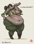  2018 anthro big_breasts bodily_fluids boots bottomwear bra breasts brown_hair clothing dialogue elephant elephantid english_text female flying_sweatdrops footwear hair looking_down mammal navel nipples obese obese_anthro obese_female overweight overweight_anthro overweight_female pants ponytail proboscidean simple_background solo standing sweat sweatdrop tail-blazer text transformation trunk underwear weight_gain 