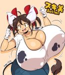  accessory animal_humanoid big_breasts bottomwear bovid bovid_humanoid bovine bovine_humanoid breasts brown_hair cleavage clothed clothing denim denim_clothing female gloves hair hair_accessory hair_bow hair_ribbon handwear hi_res horn huge_breasts humanoid hyper hyper_breasts japanese_text jeans joaoppereiraus mammal mammal_humanoid nipple_outline open_mouth open_smile pants ribbons shirt signature smile solo sukimi_(hataraki) text topwear yellow_eyes 