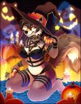  anthro black_border black_nose border brown_body brown_fur brown_hair candle canid canine canis clothed clothing collar female fluffy fluffy_tail food fruit fur hair halloween hat headgear headwear hi_res holidays mammal plant pumpkin roanoak sandra_(roanoak) tan_body tan_fur witch_hat wolf yellow_eyes 