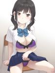  1girl bangs black_hair blue_neckwear blue_skirt bow bowtie bra breasts brown_eyes chair commentary_request eyebrows_visible_through_hair large_breasts lifted_by_self looking_at_viewer meow_(nekodenki) original panties pleated_skirt purple_bra purple_panties shirt short_hair short_sleeves short_twintails sitting skirt skirt_lift smile solo striped striped_neckwear twintails underwear white_shirt 