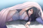  1girl arm_up armpits bare_shoulders bed_sheet black_hair blanket blue_eyes breasts cleavage commentary_request grey_tank_top highres large_breasts long_hair looking_at_viewer lying on_side open_mouth original pillow sakuraginga tank_top thighs 