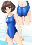  1girl absurdres akiyama_yukari asics ass blue_swimsuit blurry blush breasts brown_eyes brown_hair clothes_writing commentary_request competition_swimsuit cowboy_shot depth_of_field girls_und_panzer highres logo looking_at_viewer multiple_views nose_blush one-piece_swimsuit pool short_hair small_breasts standing swimsuit takafumi 