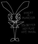  anthro black_and_white black_background clothed clothing dialogue digital_media_(artwork) dress english_text lagomorph leporid looking_at_viewer mammal monochrome open_mouth polygons rabbit simple_background solo sony_corporation sony_interactive_entertainment talking_to_viewer text vib-ribbon vibri video_games vinny_van_yiffy 