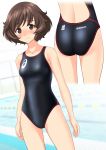  1girl absurdres akiyama_yukari asics ass black_swimsuit blurry blush breasts brown_eyes brown_hair clothes_writing commentary_request competition_swimsuit cowboy_shot depth_of_field girls_und_panzer highres looking_at_viewer multiple_views nose_blush one-piece_swimsuit pool short_hair small_breasts standing swimsuit takafumi 