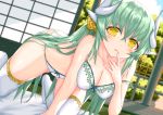  1girl aqua_hair bare_shoulders blush bra breasts cleavage collarbone commentary_request dragon_girl dragon_horns fate/grand_order fate_(series) hair_between_eyes hair_ornament hanging_breasts horns kiyohime_(fate/grand_order) kneeling long_hair looking_at_viewer morizono_shiki multiple_horns panties solo thighhighs underwear very_long_hair white_bra white_legwear white_panties yellow_eyes 