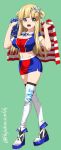  1girl :d alternate_costume american_flag american_flag_print blonde_hair breasts cleavage eyebrows_visible_through_hair flag_print fletcher_(kantai_collection) full_body green_background grey_eyes highres ifuji_shinsen kantai_collection large_breasts long_hair multicolored multicolored_clothes multicolored_skirt navel open_mouth race_queen side_bun simple_background skirt smile solo toes twitter_username 