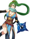  1girl arcelle breasts elbow_gloves fire_emblem fire_emblem:_the_blazing_blade fire_emblem_heroes gloves green_hair headband highres holding holding_weapon large_breasts lyn_(fire_emblem) ninja shuriken solo weapon white_background 