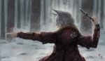  1girl absurdres animal_ears arknights atlook blizzard character_name commentary_request forest fur-trimmed_hood fur_trim grey_hair highres hood hooded_jacket jacket knife nature projekt_red_(arknights) snow snowing solo weapon winter wolf_ears wolf_girl yellow_eyes 
