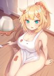  1girl akai_haato apron barefoot blonde_hair blue_eyes bowl breasts chocolate cleavage hair_ornament hairclip heart heart_hair_ornament highres hololive large_breasts naked_apron ponytail sideboob spatula spill virtual_youtuber wooden_floor zeolch 