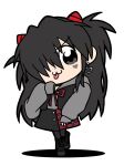  1girl :p alternate_eye_color alternate_hair_color bkub_(style) black_eyes black_hair black_legwear boots chibi commentary earrings eyebrows_visible_through_hair full_body gothic hair_over_one_eye hairpods heart heart_earrings jewelry long_hair neon_genesis_evangelion pantyhose parody poptepipic sasihmi school_uniform simple_background sleeves_past_fingers sleeves_past_wrists smile solo souryuu_asuka_langley style_parody tongue tongue_out white_background 