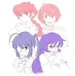  4girls absurdres blue_eyes blue_hair braid breasts character_request chuunibyou_demo_koi_ga_shitai! cleavage crossover english_commentary green_eyes highres large_breasts multiple_girls one_eye_closed purple_hair ranma-chan ranma_1/2 red_eyes red_hair saotome_ranma short_hair sketch snowcie spot_color takanashi_rikka tied_hair 