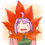  1girl ahoge bowl bowl_hat chamaji commentary_request eyebrows_visible_through_hair hat holding holding_leaf japanese_clothes kimono leaf long_sleeves lowres maple_leaf minigirl obi open_mouth purple_hair sash smile solo sukuna_shinmyoumaru touhou wide_sleeves 