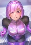  1girl bodysuit check_copyright copyright_request from_above gloves highres kilye_4421 open_mouth original pink_eyes pink_gloves pink_hair shiny shiny_clothes shiny_hair short_hair sitting solo tsurime 