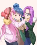  3girls absurdres bangs_pinned_back blue_hair blush closed_eyes coat commentary face_licking girl_sandwich glasses hair_bun highres kagamihara_nadeshiko kagamihara_sakura licking long_hair looking_at_another multiple_girls one_eye_closed pink_hair purple_eyes purple_hair sandwiched scarf shima_rin siblings simple_background sisters smile sweatdrop tongue very_long_hair winter_clothes ysys yuri yurucamp 