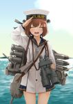  1girl anchor_symbol binoculars blush brown_hair cannon closed_eyes commentary_request dress flower hair_flower hair_ornament hat headgear headset kantai_collection long_sleeves machinery neckerchief ocean open_mouth outdoors remodel_(kantai_collection) rigging sailor_collar sailor_dress sailor_hat salute school_uniform serafuku short_hair smile smokestack solo torpedo torpedo_launcher torpedo_tubes turret uniform watanore yukikaze_(kantai_collection) 