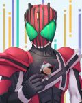  1boy armor barcode black_gloves bodysuit card commentary_request gloves grey_background helmet holding holding_card kamen_rider kamen_rider_dcd kamen_rider_decade male_focus rotix solo striped upper_body vertical_stripes 