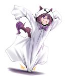  1girl :d animal_ears bangs bow bowtie brown_hair commentary ghost_costume hairband halloween halloween_costume hood hood_up horse_ears horse_tail looking_to_the_side multicolored_hair open_mouth oversized_clothes purple_neckwear running short_hair simple_background sleeves_past_fingers sleeves_past_wrists smile solo special_week standing sweatdrop tail tonpuu tripping two-tone_hair umamusume white_background white_hairband 