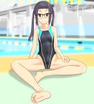  1girl absurdres bangs barefoot black-framed_eyewear black_hair black_swimsuit blunt_bangs blurry brown_eyes competition_swimsuit depth_of_field flat_chest glasses highres long_hair one-piece_swimsuit oogaki_chiaki outdoors pool poolside sitting solo string_of_flags striped striped_swimsuit swimsuit takafumi translation_request twintails yurucamp 