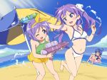  3girls beach bikini blue_eyes blush hairband highres hiiragi_kagami hiiragi_tsukasa innertube izumi_konata lucky_star masuo_(masdlivelove) mole mole_under_eye multiple_girls ocean one-piece_swimsuit open_mouth pink_neckwear purple_hair school_swimsuit shiny shiny_hair short_hair siblings sisters sky swimsuit tareme tsurime twins twintails umbrella 