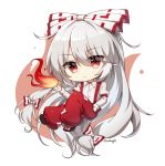  1girl artist_name bangs black_footwear bow chibi closed_mouth collared_shirt eyebrows_visible_through_hair fire flame fujiwara_no_mokou full_body hair_bow hand_in_pocket highres long_hair long_sleeves multiple_hair_bows ofuda ofuda_on_clothes pants pudding_(skymint_028) pyrokinesis red_eyes red_pants shirt shoe_bow shoes sidelocks signature silver_hair simple_background solo suspenders touhou v-shaped_eyebrows very_long_hair white_background white_bow white_shirt 