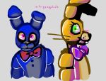  animatronic anthro black_nose blue_body blush bonnie_(fnaf) bow_tie buckteeth duo five_nights_at_freddy&#039;s green_eyes hi_res imtrippingdude lagomorph leporid machine mammal pink_eyes rabbit robot signature spring_bonnie_(fnaf) teeth video_games whiskers yellow_body 