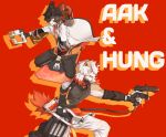  2020 aak anthro arknights black_body black_hair canid canine clothed clothing duo fur hair hi_res horn hung_(arknights) male mammal miike_akunai multicolored_body multicolored_fur orange_body short_hair white_body white_fur white_hair 