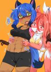  !! 2girls abs animal_ears animal_nose belly_grab blue_hair blush bra brand_new_animal breasts cleavage embarrassed fang fangs fox_ears fox_girl fox_tail furry green_eyes highres hiwatashi_nazuna kagemori_michiru long_hair looking_at_another medium_breasts medium_hair multiple_girls muscle muscular_female open_mouth orange_background panties pink_eyes pink_hair raccoon_ears raccoon_girl raccoon_tail roegakan shorts simple_background sound_effects tail tank_top underwear underwear_only yuri 