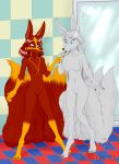  anthro blue_eyes breasts canid canine digitigrade dreamspinner duo featureless_breasts featureless_crotch female fox fur hair hi_res kasgorad krinele_fullin mammal molly_fullin multi_tail navel nude red_body red_fur red_hair white_body white_fur white_hair 