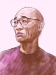  1boy bald brown_eyes glasses looking_up nakakita_kouji old_man pink_background purple_shirt real_life shirt solo tomino_yoshiyuki upper_body 