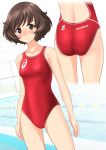  1girl absurdres akiyama_yukari asics ass blurry blush breasts brown_eyes brown_hair clothes_writing commentary_request competition_swimsuit cowboy_shot depth_of_field girls_und_panzer highres logo looking_at_viewer multiple_views nose_blush one-piece_swimsuit pool red_swimsuit short_hair small_breasts standing swimsuit takafumi 