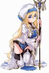  1girl bangs blonde_hair blue_eyes boots botsumoto commentary_request dress eyebrows_visible_through_hair goblin_slayer! hair_between_eyes hat highres long_hair looking_at_viewer one_knee priestess_(goblin_slayer!) solo staff thigh_boots thighhighs thighs very_long_hair white_background white_footwear wide_sleeves 