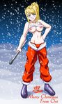  artist_request blonde_hair blue_eyes boots breasts christmas fullmetal_alchemist large_breasts midriff no_bra panties ponytail shirt_lift smile snow snowing solo underwear winry_rockbell wrench 