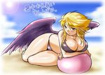  angel_wings ball beach beachball bikini blonde_hair breast_hold breasts breath_of_fire breath_of_fire_ii cleavage crossed_arms curvy day dr.p huge_breasts legs nina_(breath_of_fire_ii) purple_wings shochuumimai solo swimsuit thighs translated wide_hips wings 